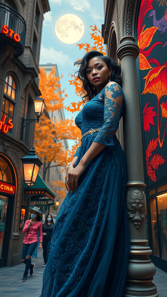 Woman in Lace Dress in Gothic Cityscape