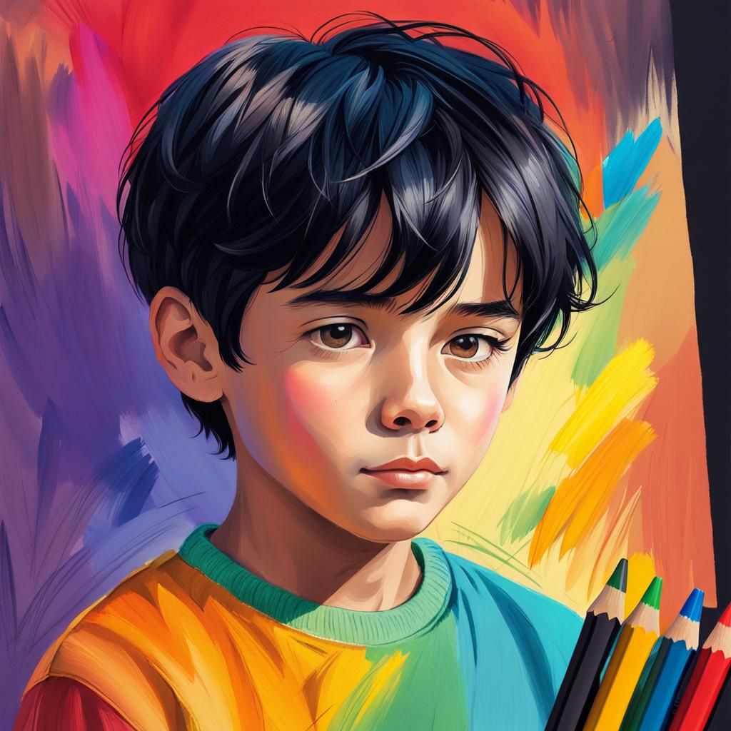 Vibrant Portrait of Boy Coloring as Oil Painting