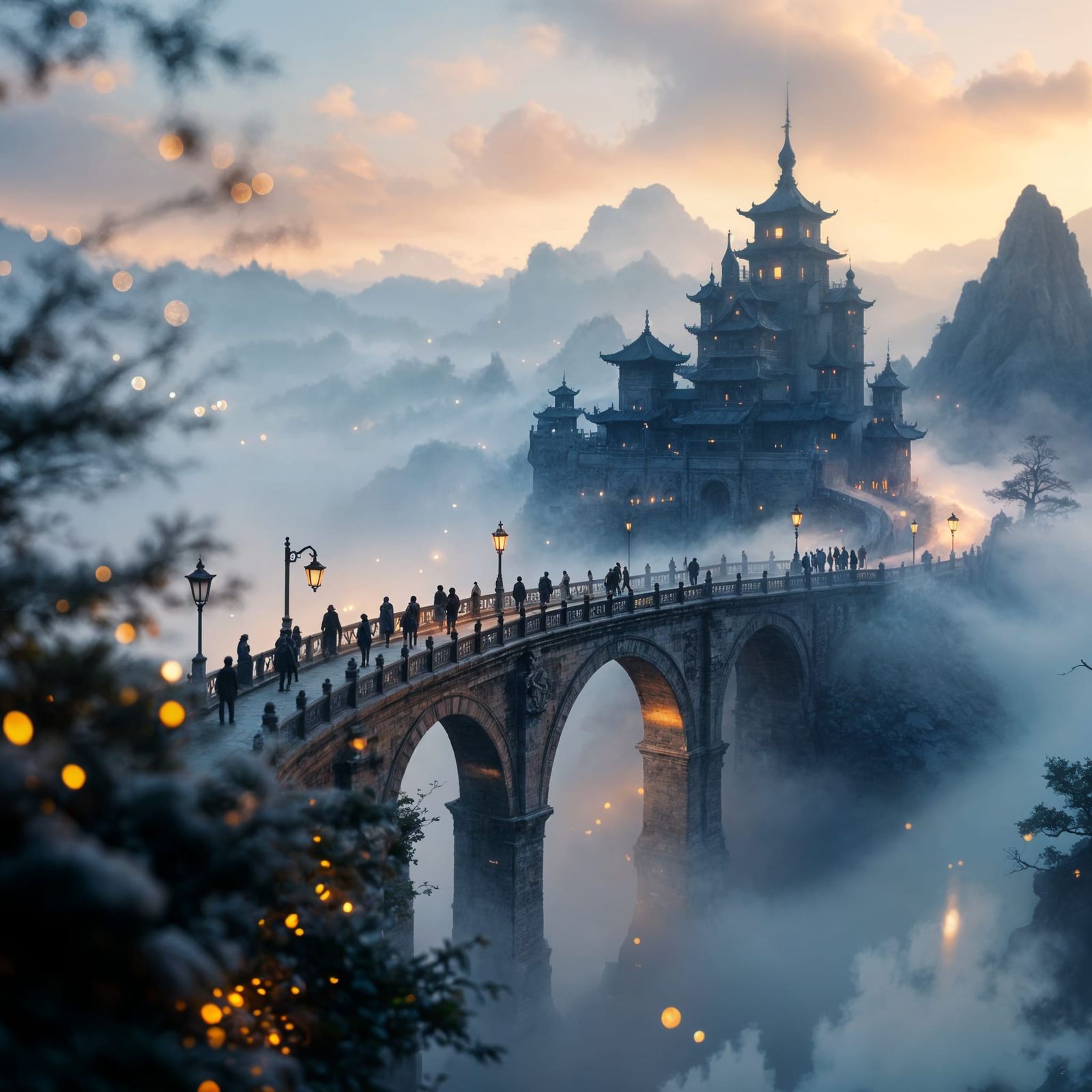 Eerie Foggy Miniature Bridge of Hell in Asian Style