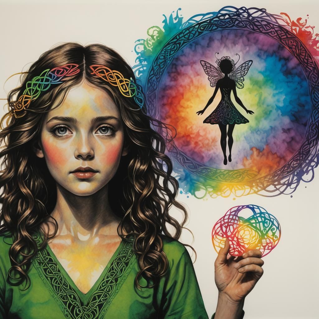 Surreal Celtic Knotwork Girl Silhouette in Crayon Style