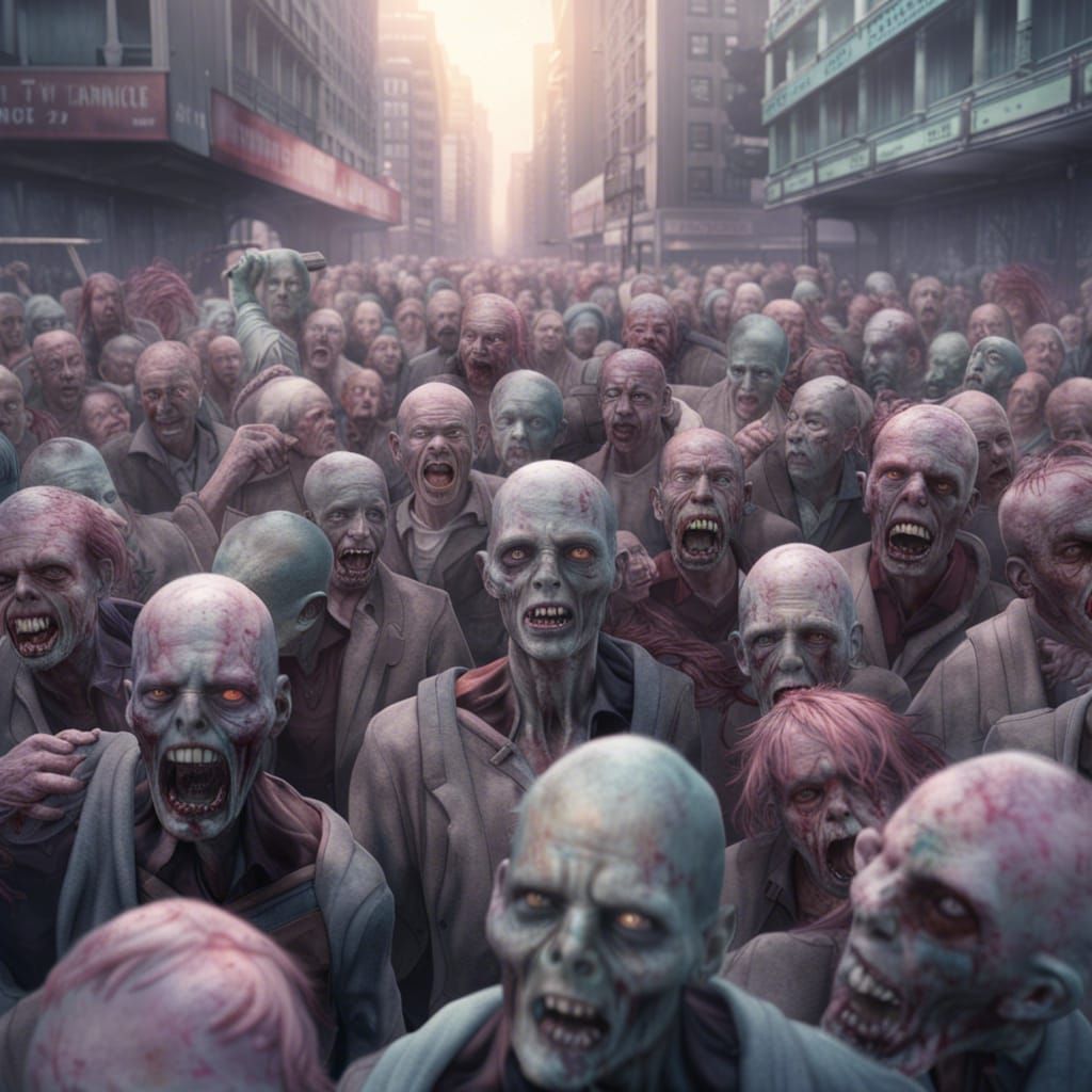 Terrifying Zombies March in Dystopian Pastel City