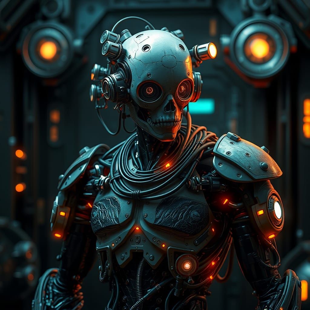 Intricate Biomechanical Cyborg with Glowing Lamps