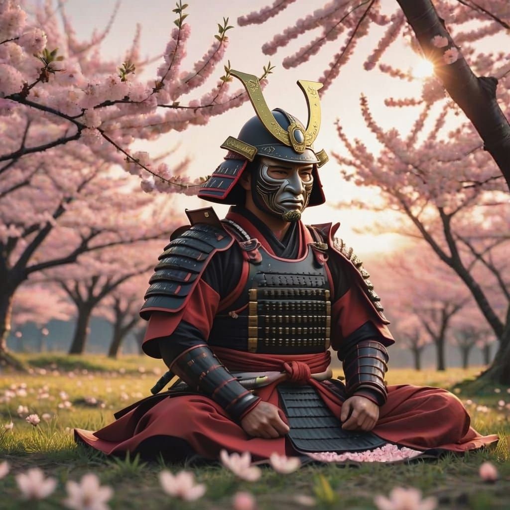 Samurai Meditating Amidst Cherry Blossoms at Sunset