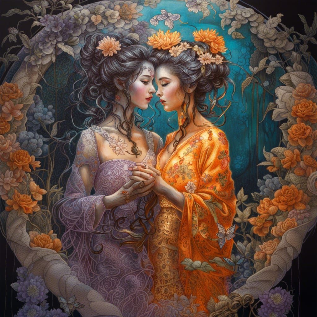 Geisha in Lace Dress with Mirrored Reflection