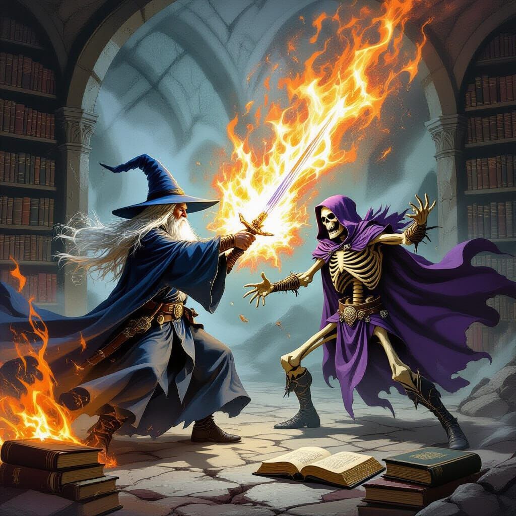 Epic Wizard Duel in Dark Fantasy Style