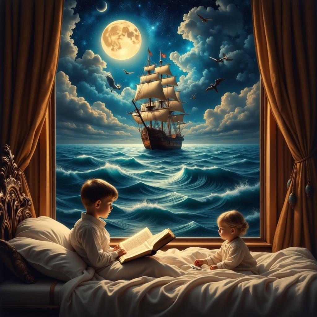 Boy Reading Glowing Book in Magical Bedroom Oil Painting
