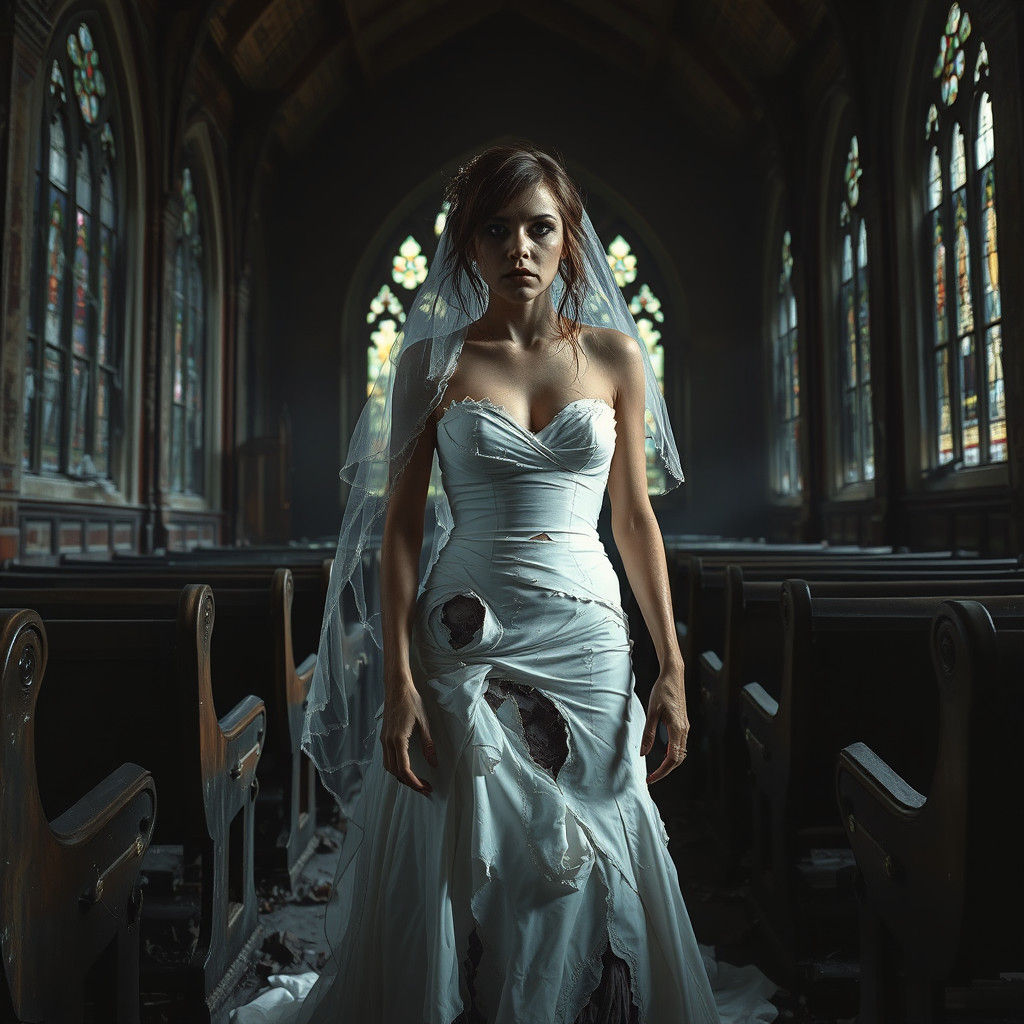 Terrified Bride in Abandoned Church, Dark Surrealism