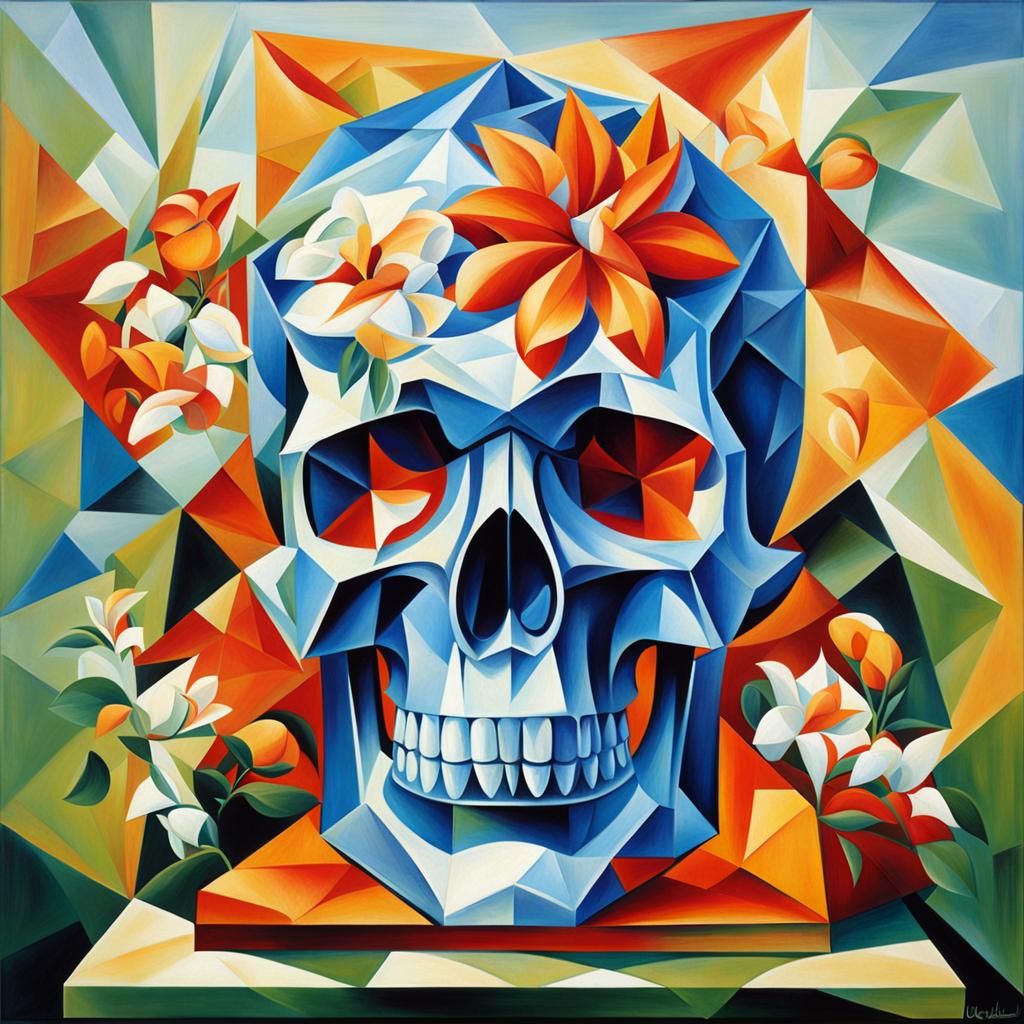 Crystal Skull with Dew Drops in Cubist Style