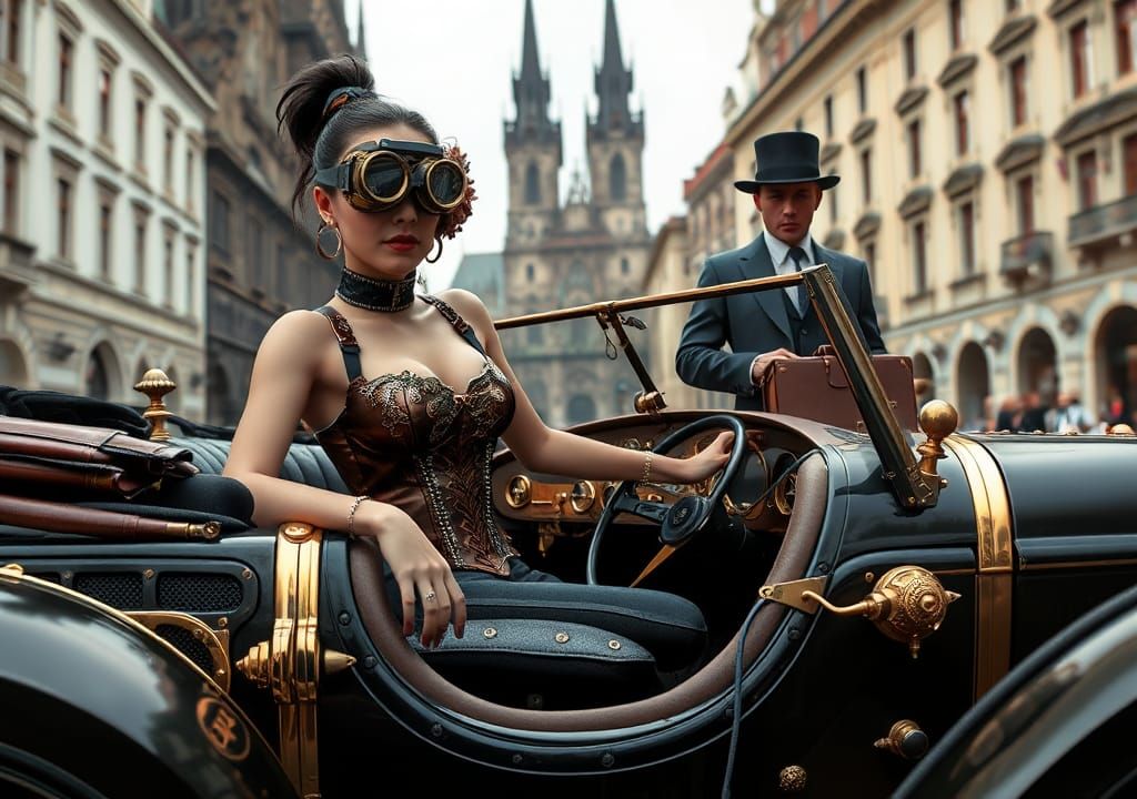 Steampunk Lady in Prague in 3D Style