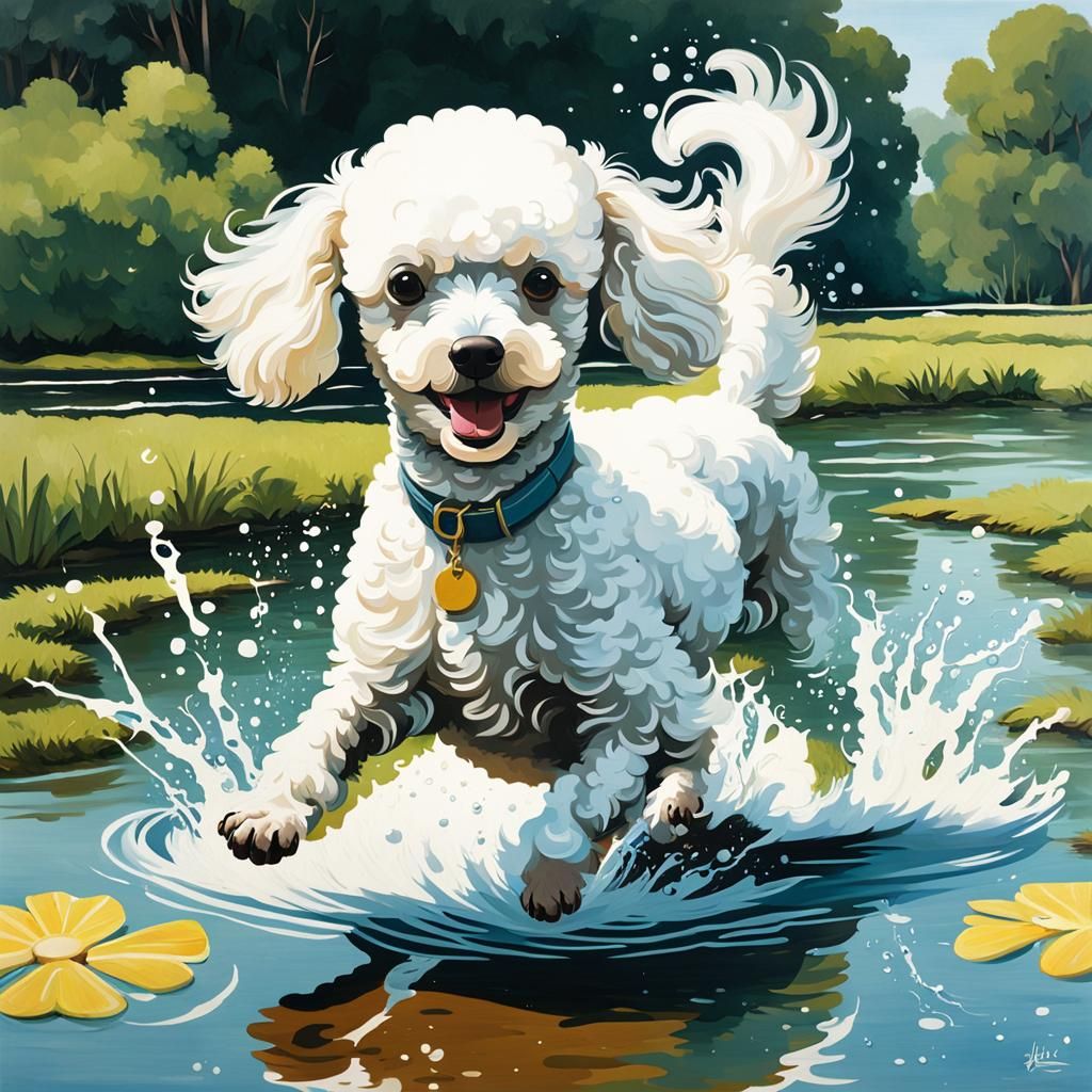 White Poodle Splashing: Pastoral Painting
