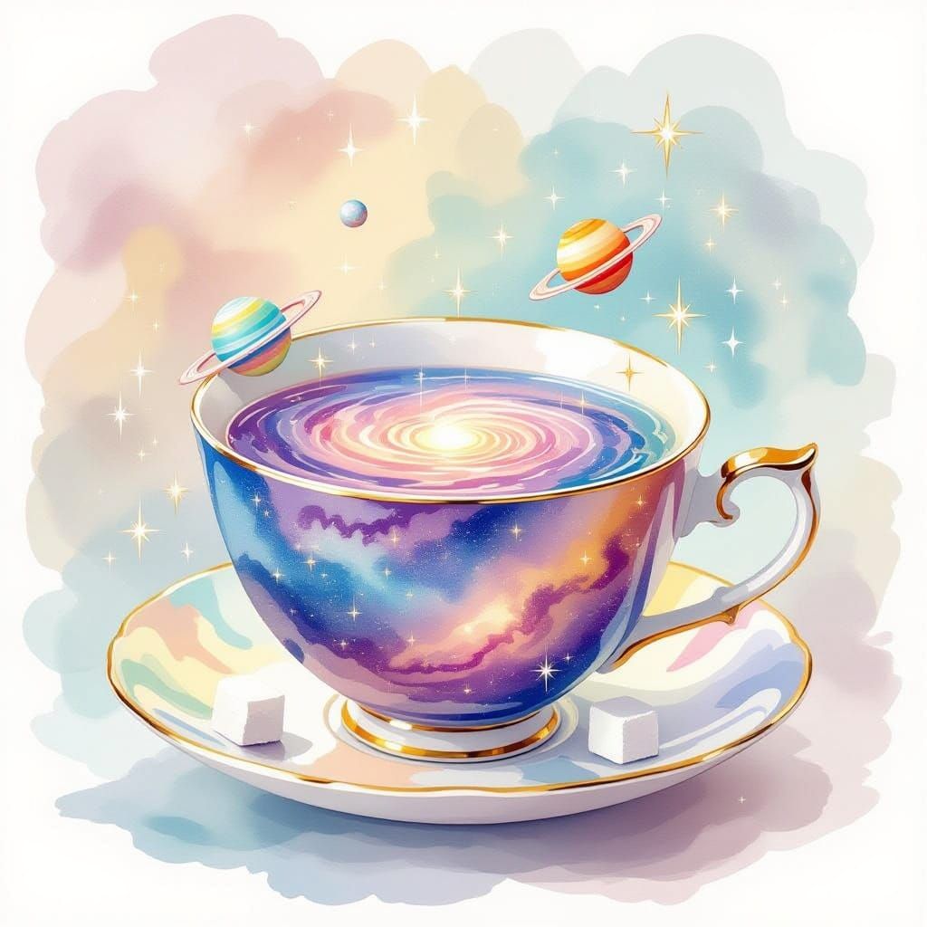 Galaxy Teacup with Orbiting Planets and Sugar Moon
