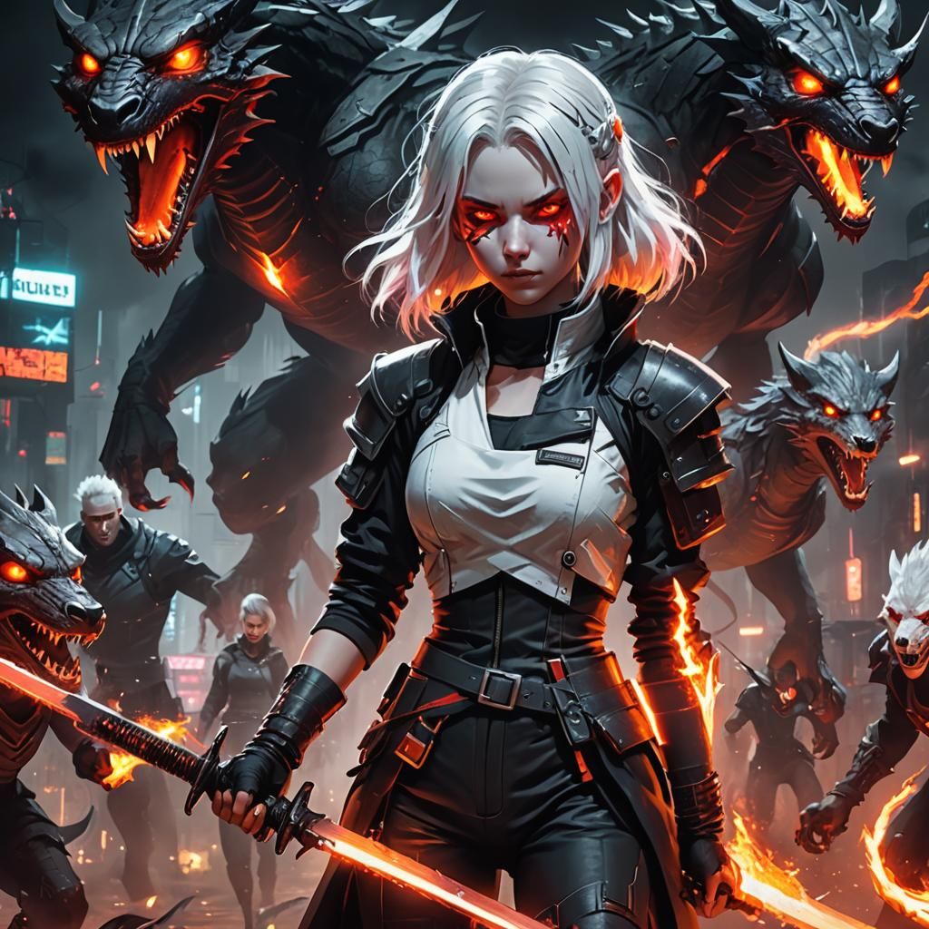 Cyberpunk Vampire Child with Fire Sword