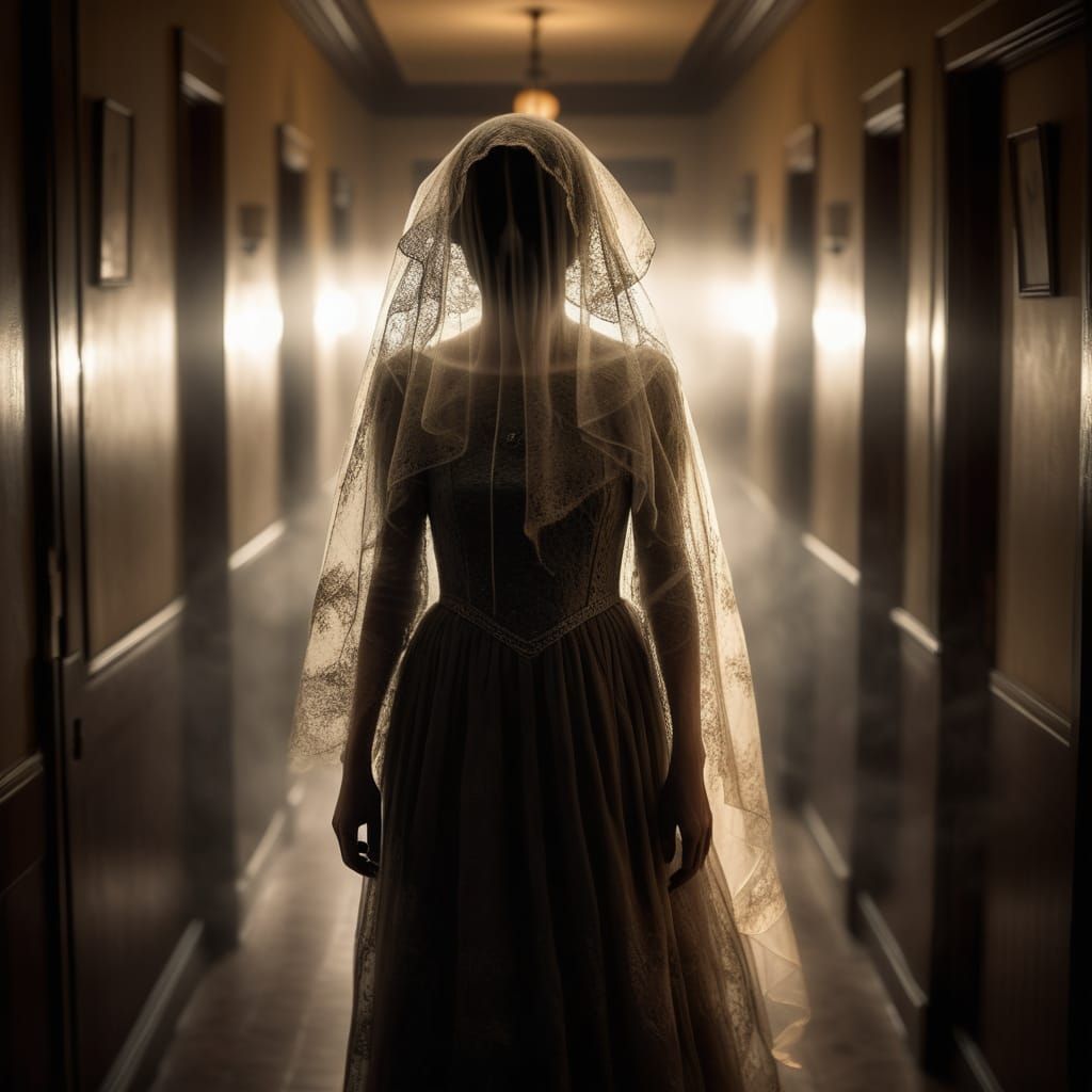 Surreal Ghostly Portrait in a Moody Hotel Hallway