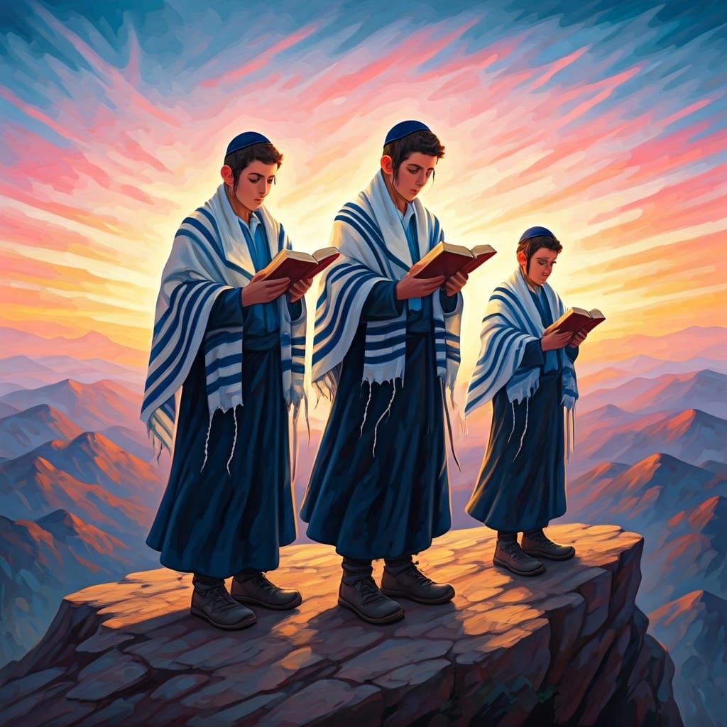 Haredi Boys Praying at Sunrise, Expressive Painting