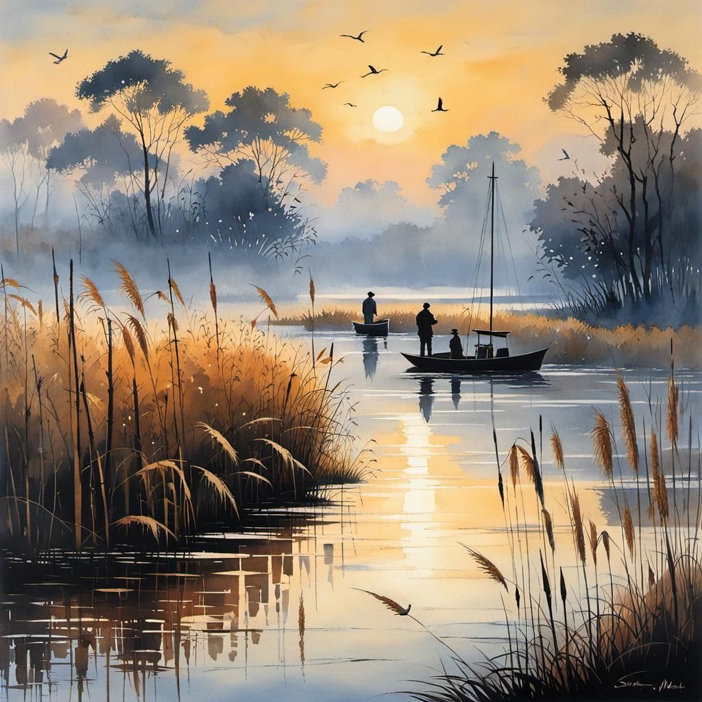 Cranes in Evening Light on Reed Shore