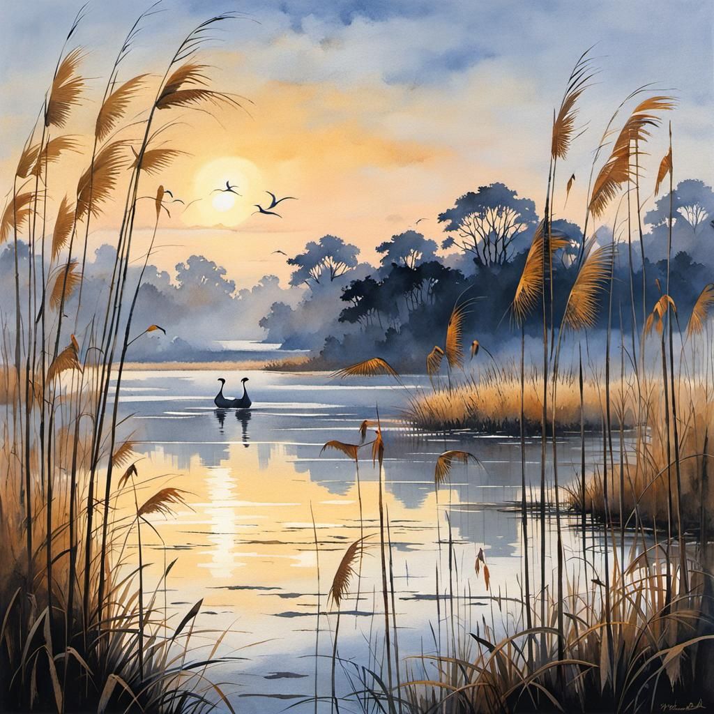 Cranes in Evening Light on Reed Shore