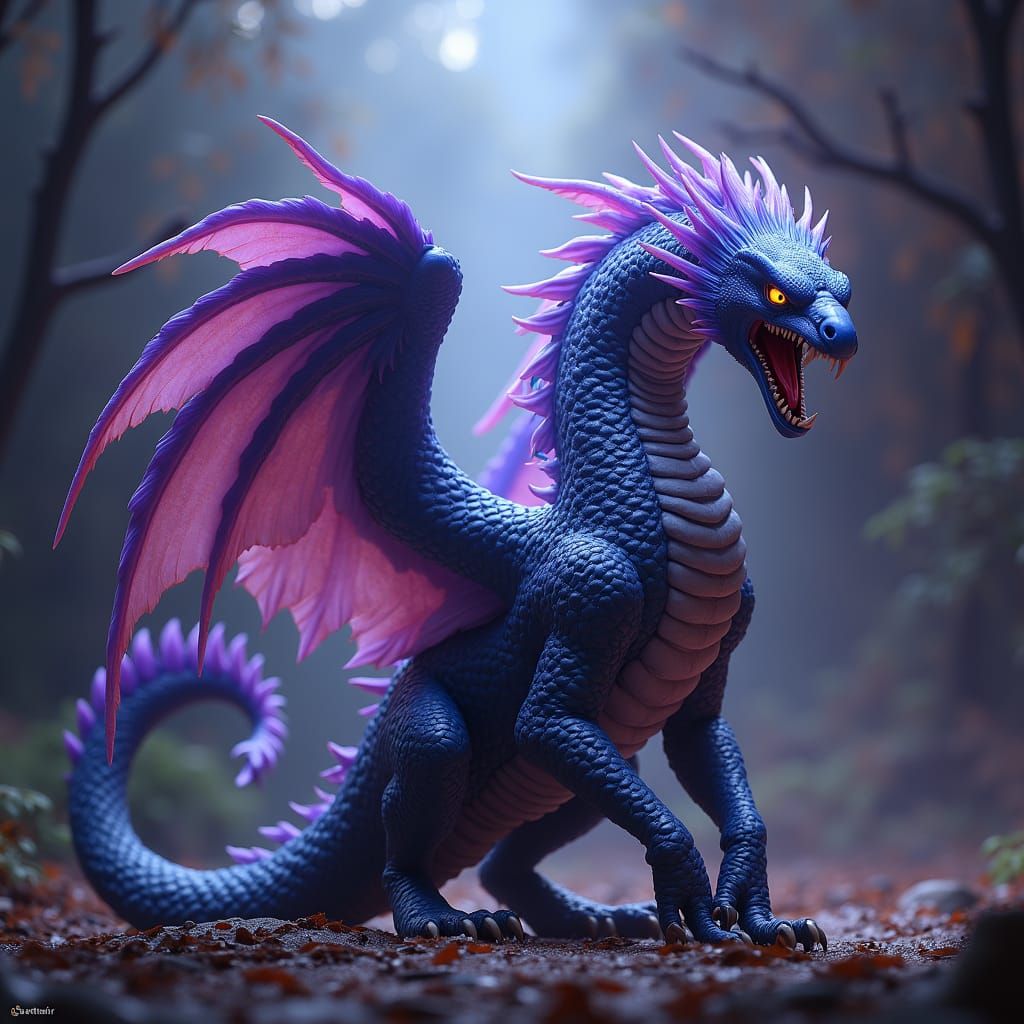 Hybrid Snake-Dragon Creature with Parrot Wings, Art Nouveau