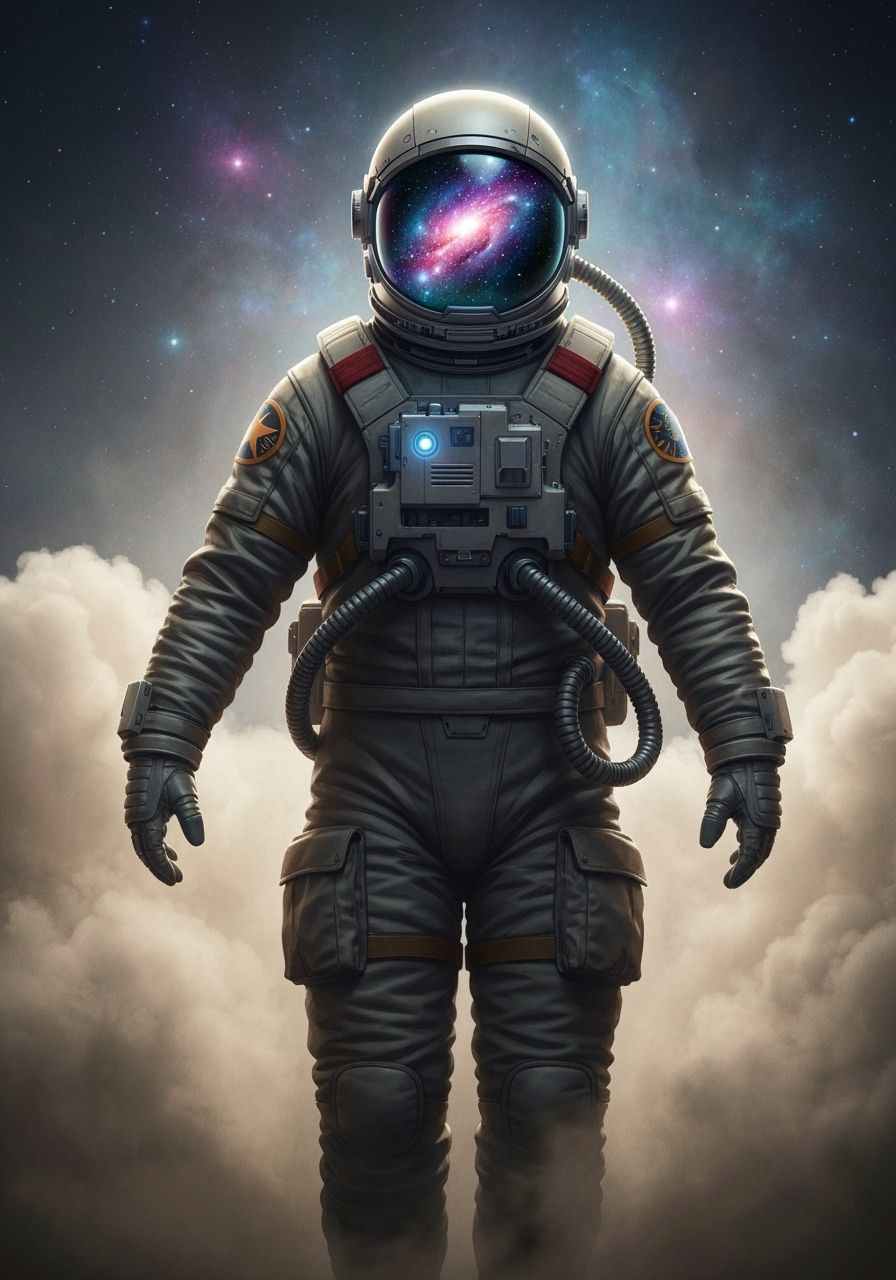 Astronaut in Cosmic Dust Cloud, Retro-Futuristic Concept Art