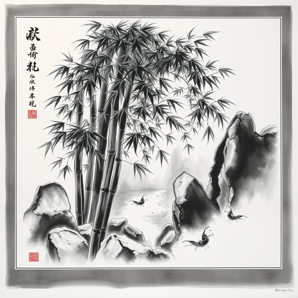 Bamboo and Rocks in Chinese Ink Wash Style