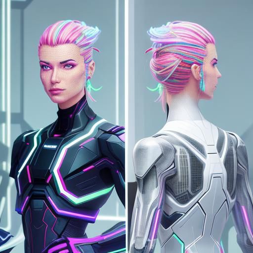 Futuristic Worker Enhancing Skills in Neon-Lit Office