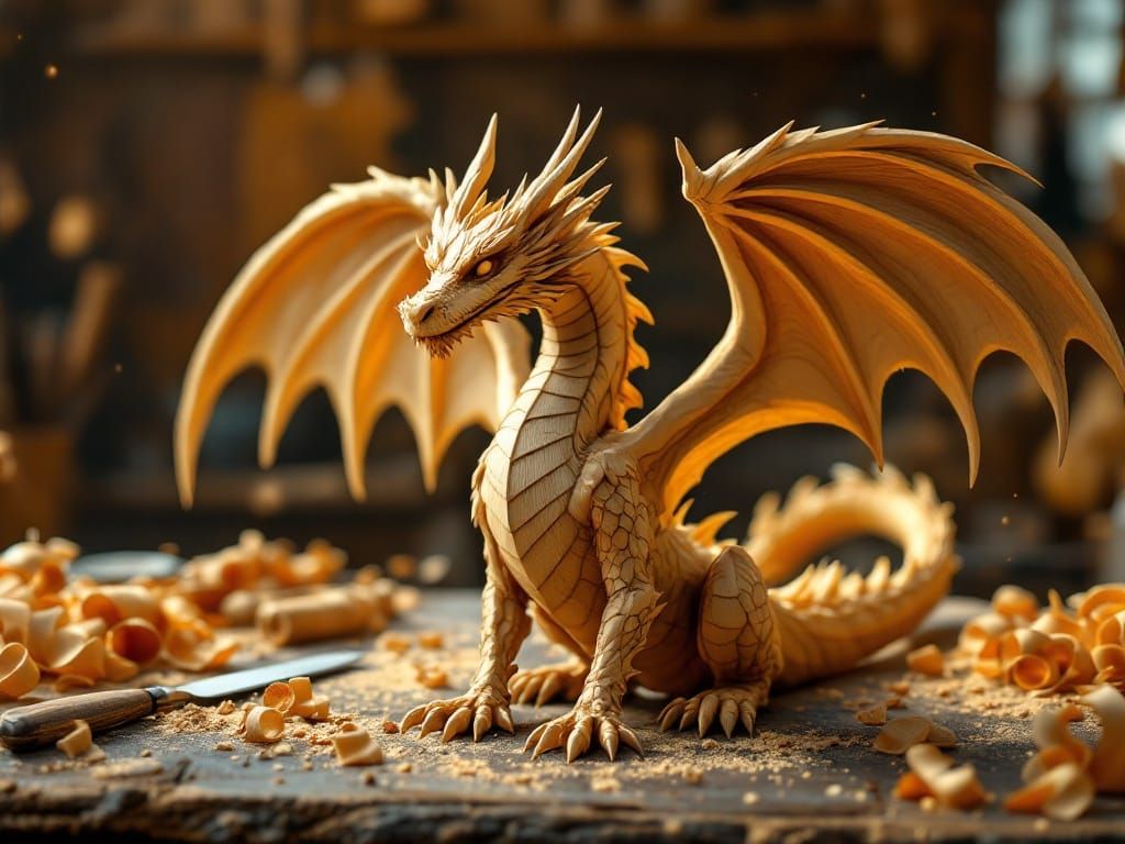 Realistic Wooden Dragon Figurine in Fantasy Workshop