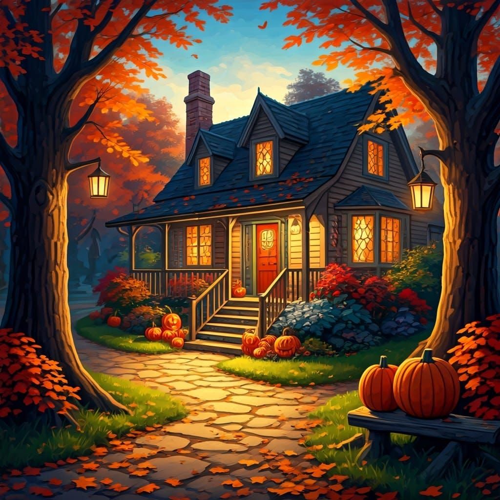 Cozy Autumn Cottage Scene in Impressionist Style
