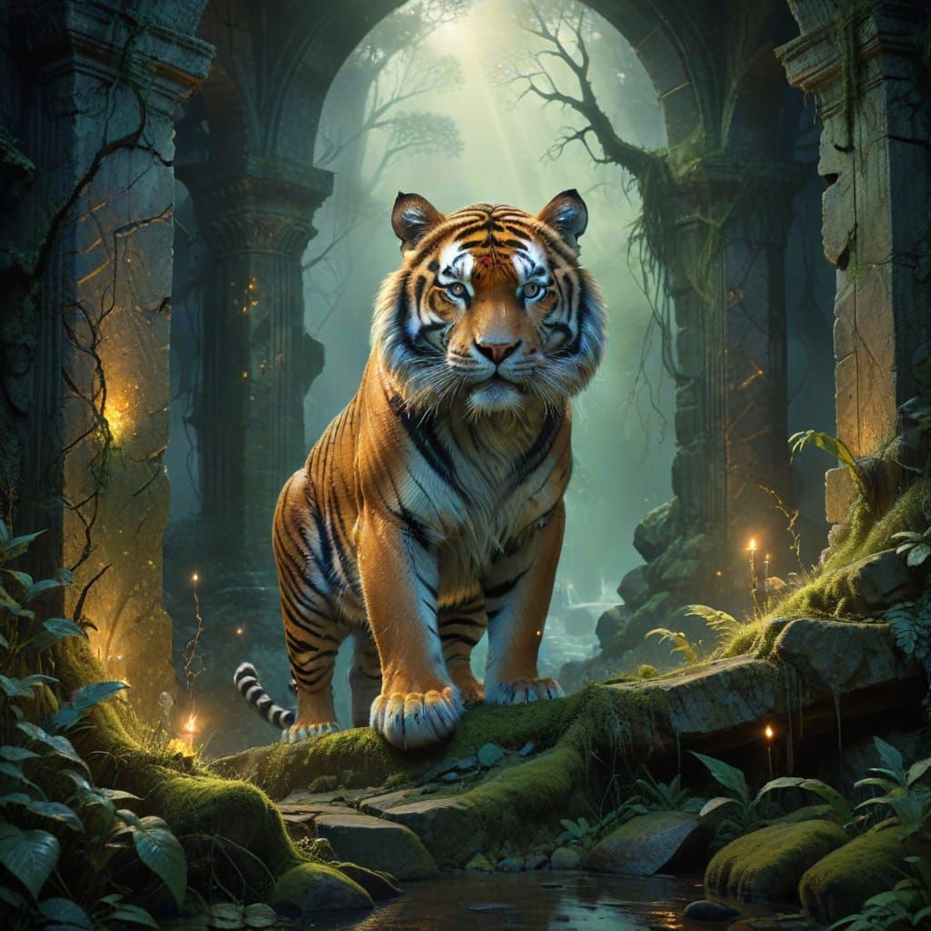 Majestic Tiger in Ancient Ruin Digital Matte Painting
