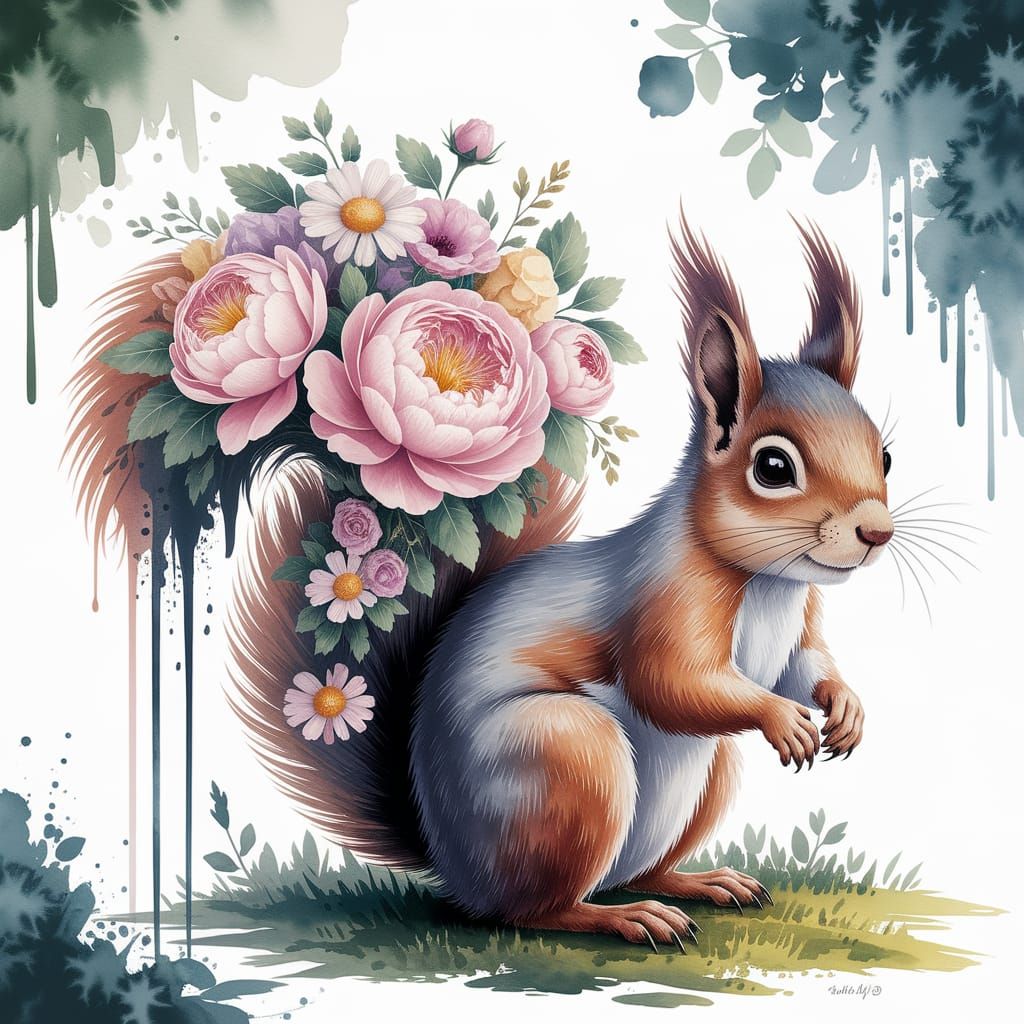 Squirrel with Flower Tail Watercolor Painting