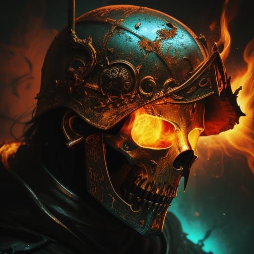 Fire Ghost Knight Helmet in Dark Fantasy Art