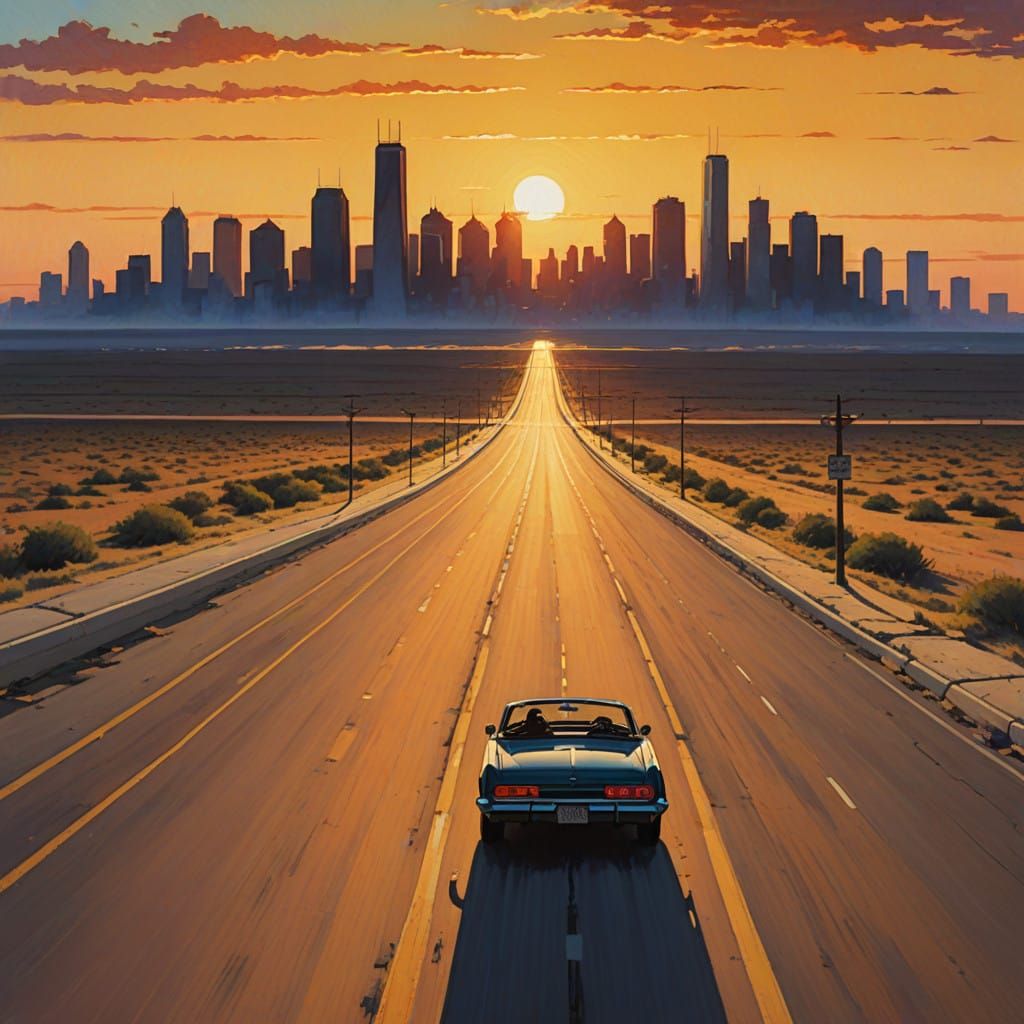 Vintage Roadster Cruises Texas Highway at Sunset