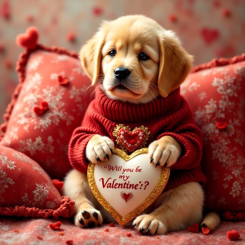 Golden Lab Puppy in Crimson Sweater with Heart-Shaped Sign