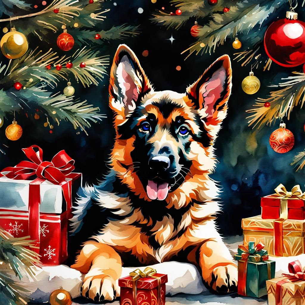 Happy Christmas Puppy in Watercolor Style