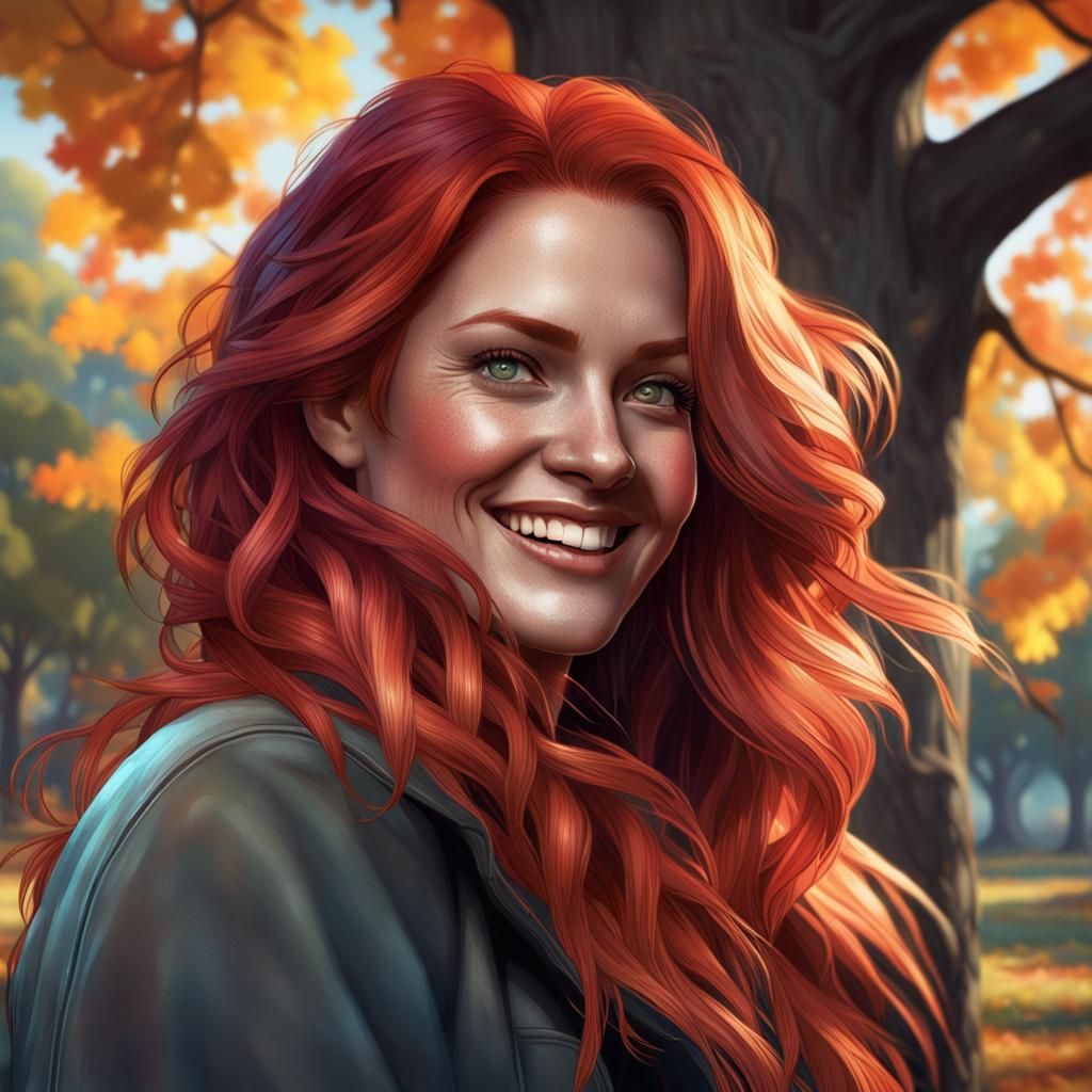 Smiling Woman Under Oak Tree: Hyperdetailed Portrait