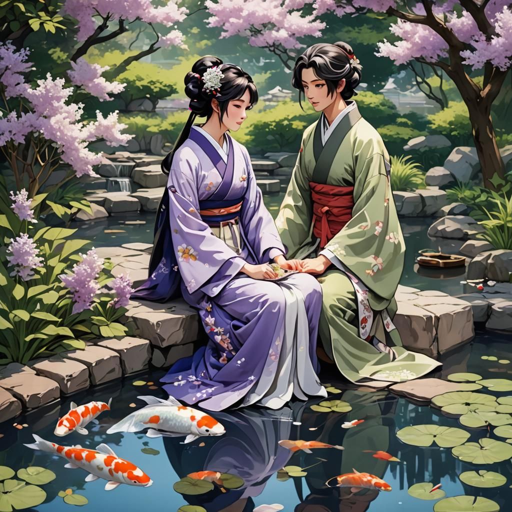 Woman in Japanese Dress at Garden Picnic, Manga Style