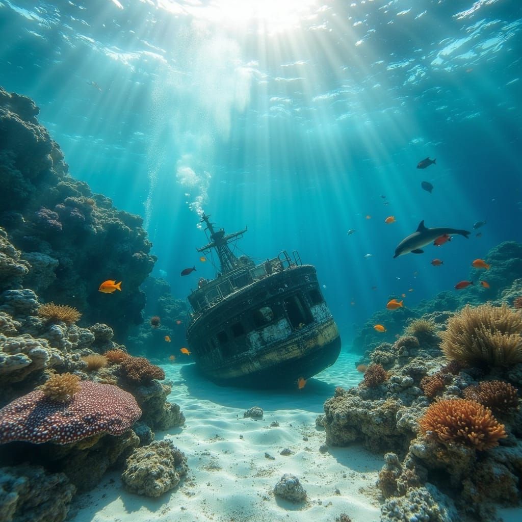 Sunlit Shipwreck and Coral Reef Scene