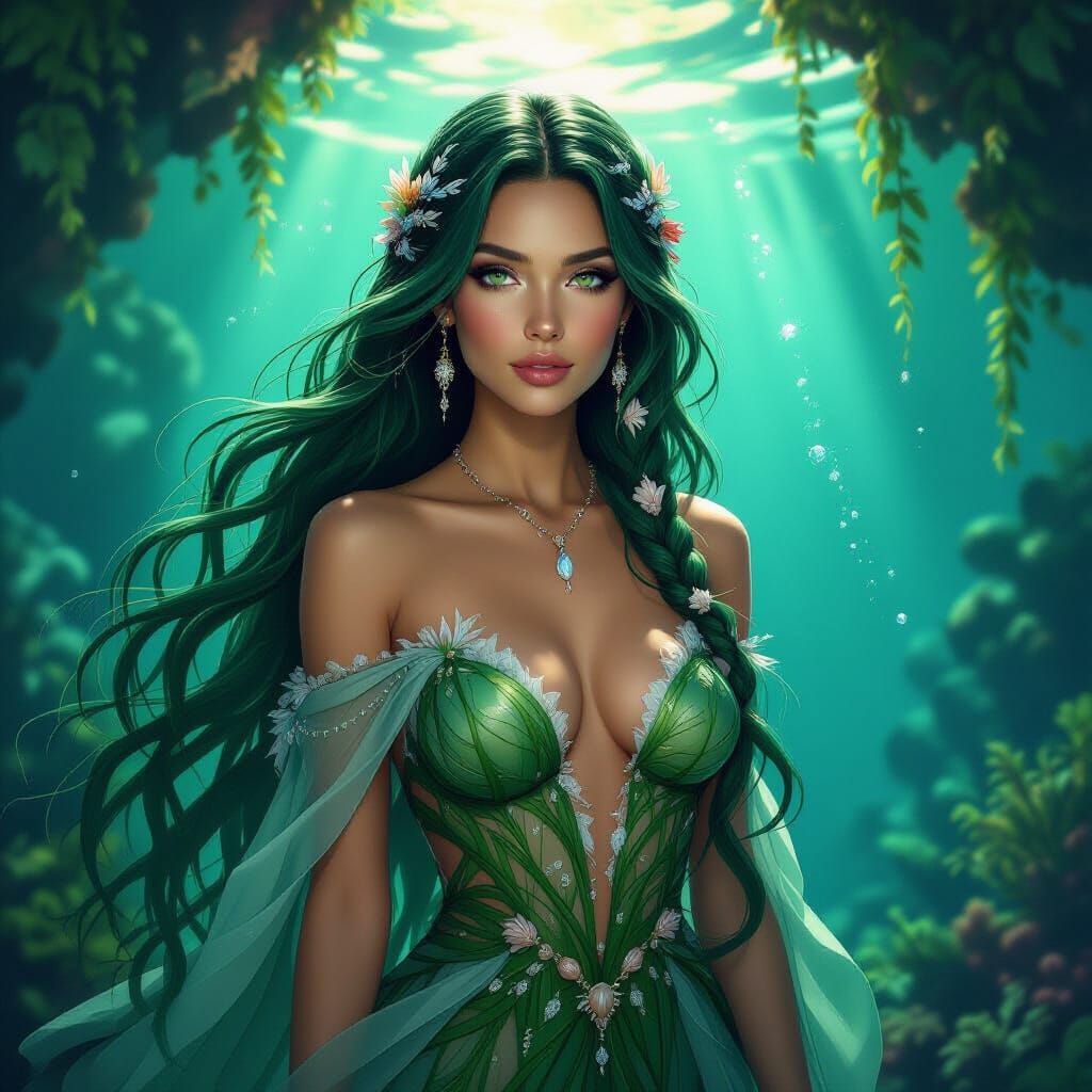 Emerald Haired Woman in Underwater Grotto