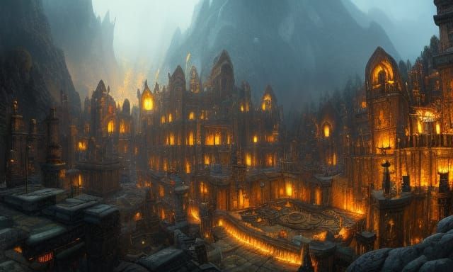 Detailed Dwarven City in Mountain, Matte Painting