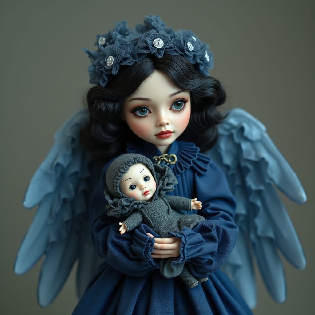 Dark Blue Angel with Porcelain Doll, Whimsical Style