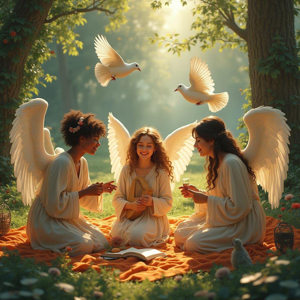 Angelic Picnic in Enchanted Forest, Renaissance Art