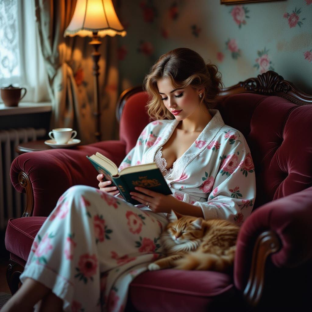 1980s Soviet Apartment Scene with Woman Reading and Cat