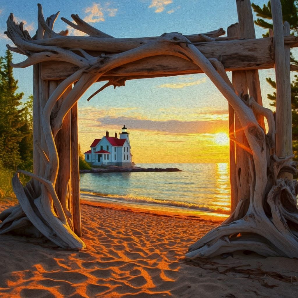 Beautifully composed oil painting sunset view of Crisp Point Lighthouse on Lake Superior, seen through a framed driftwoo...