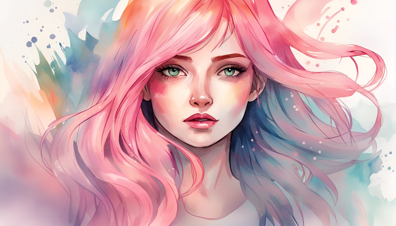 Pink-Haired Girl in Epic Watercolor Digital Illustration