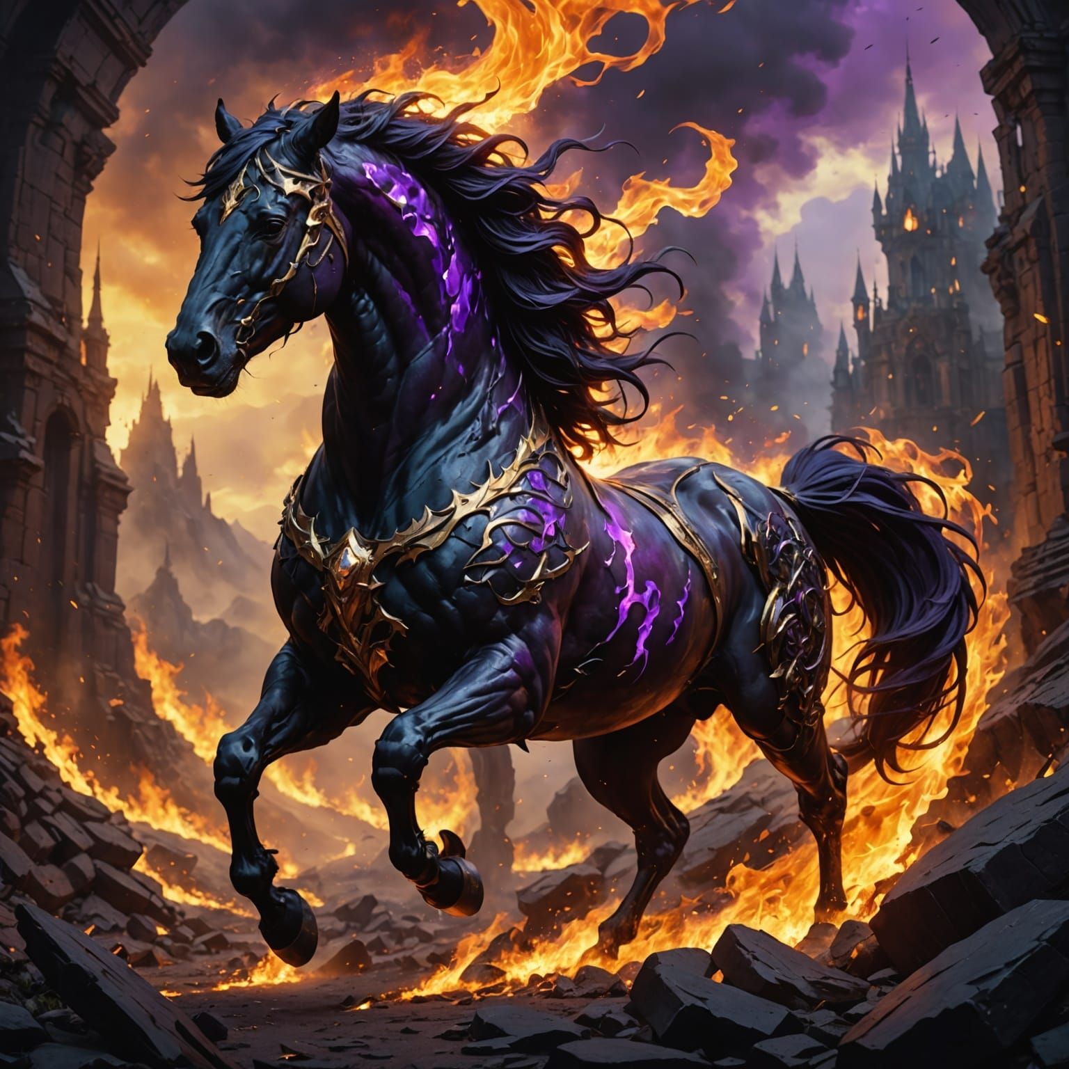 Obsidian Stallion Unleashes Inferno in Dark Fantasy
