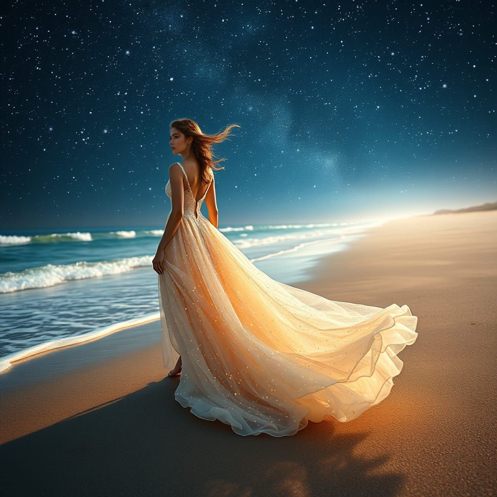 Ethereal Starlight Goddess Walks on Crystal Beach at Dusk