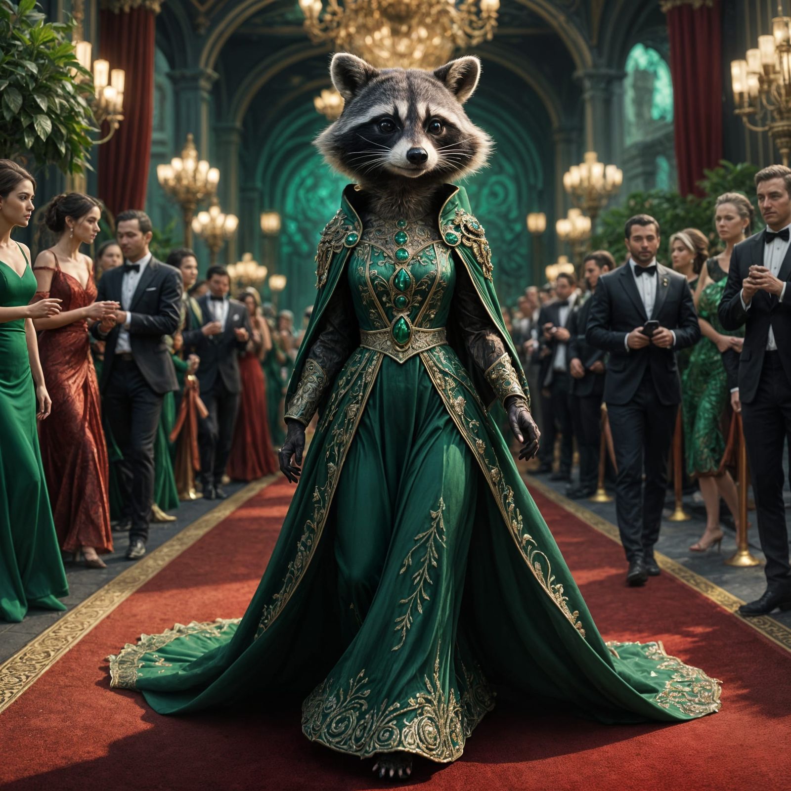 Enchanted Red Carpet Raccoon in Emerald Gown