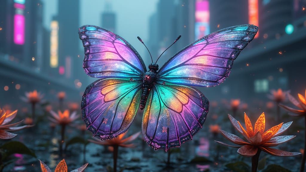 Cyberpunk Butterfly in Neon Glass and Circuitry