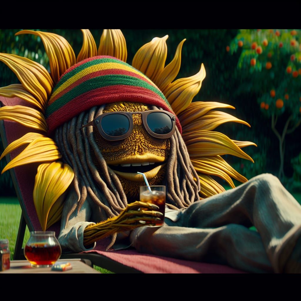 Laid back anthropomorphic cartoon Rastafarian sunflower with...