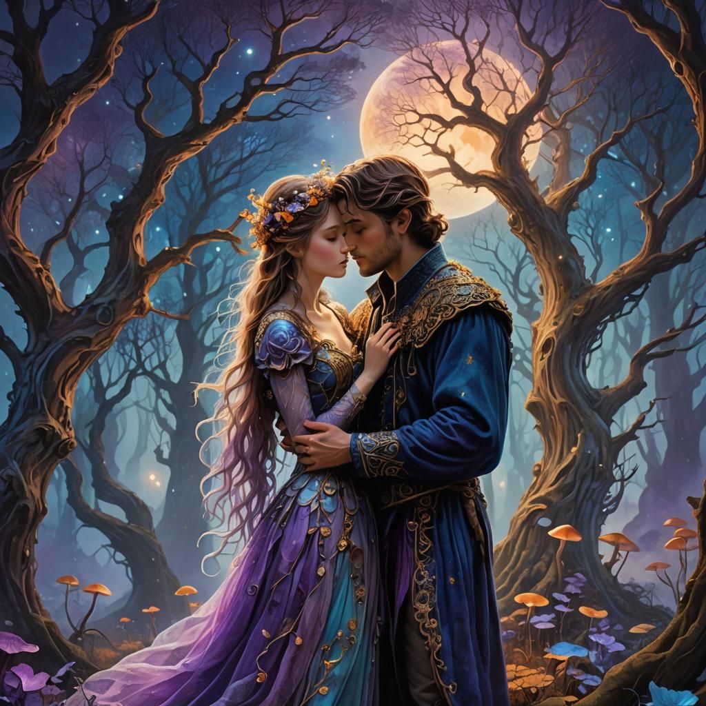 Couple Embrace in Ethereal Fantasy Landscape