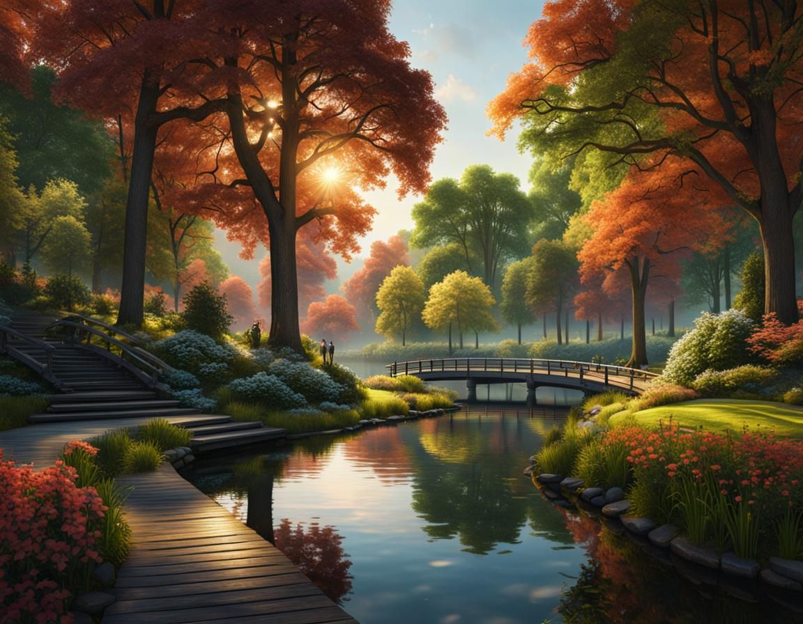 Hyperrealistic Lakeside Park in Volumetric Lighting