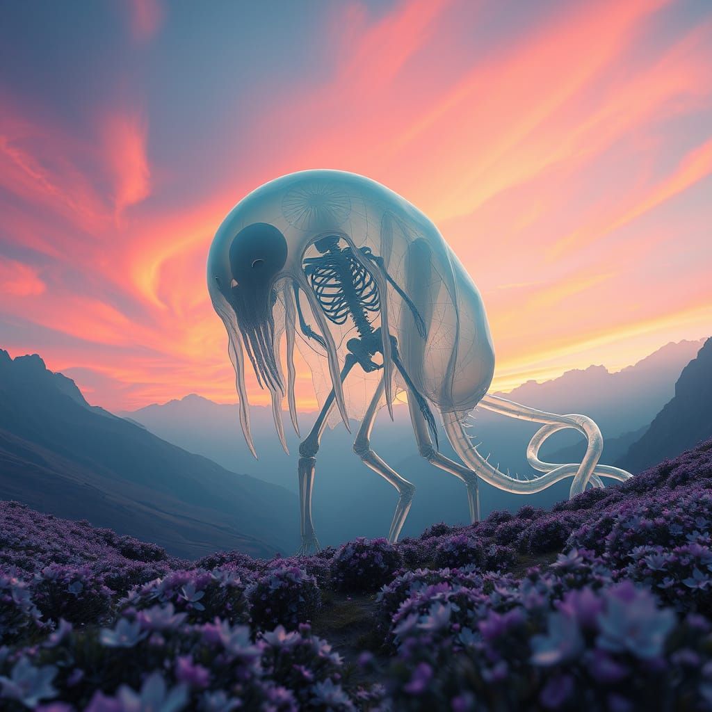 Translucent Slime Creature in Dreamlike Valley